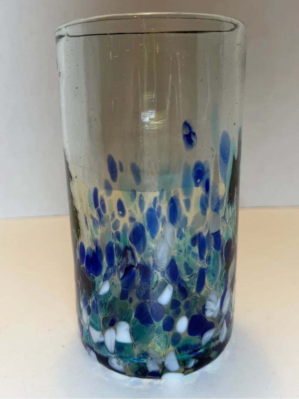 Blue-Green Speckled Handblown Art Glass Drinking Glass
